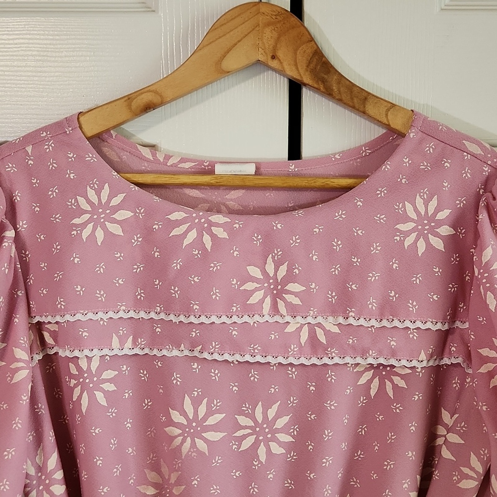 Vintage Sears Womens Pink Floral Dress Size 12 Elastic Waist Lace Cottagecore — image 6 of 8